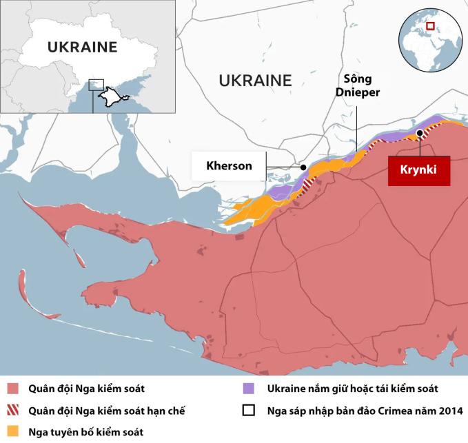 Cục diện chiến sự quanh sông Dnieper. Đồ họa: BBC/ISW
